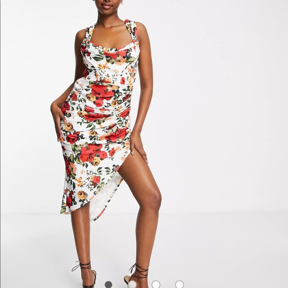 cowl neck pencil midi dress in cream floral print